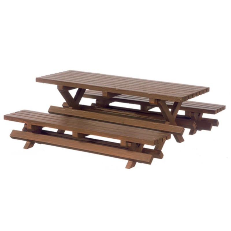 Dolls House Picnic Table and Bench Set Miniature Slatted Wood Garden Furniture
