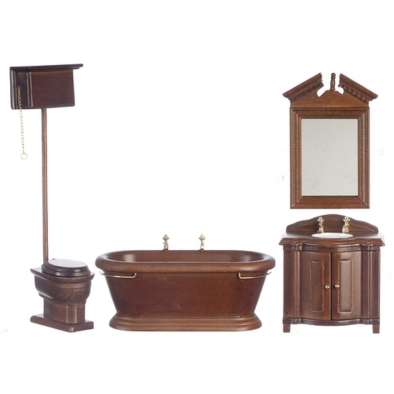 Dolls House Traditional Walnut Wooden Bathroom Suite Furniture Set Miniature