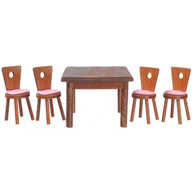 Dolls House Walnut Square Dining Table & 4 Chairs Miniature Furniture Set