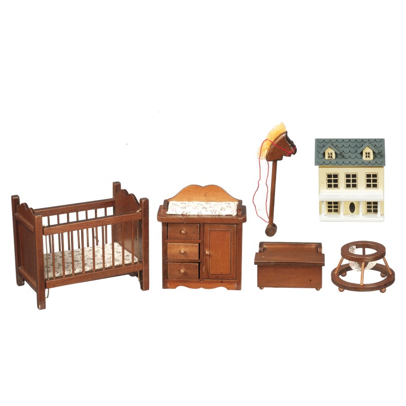 Dolls House Wooden Walnut Nursery Furniture Set Miniature 6 Piece Baby Room 