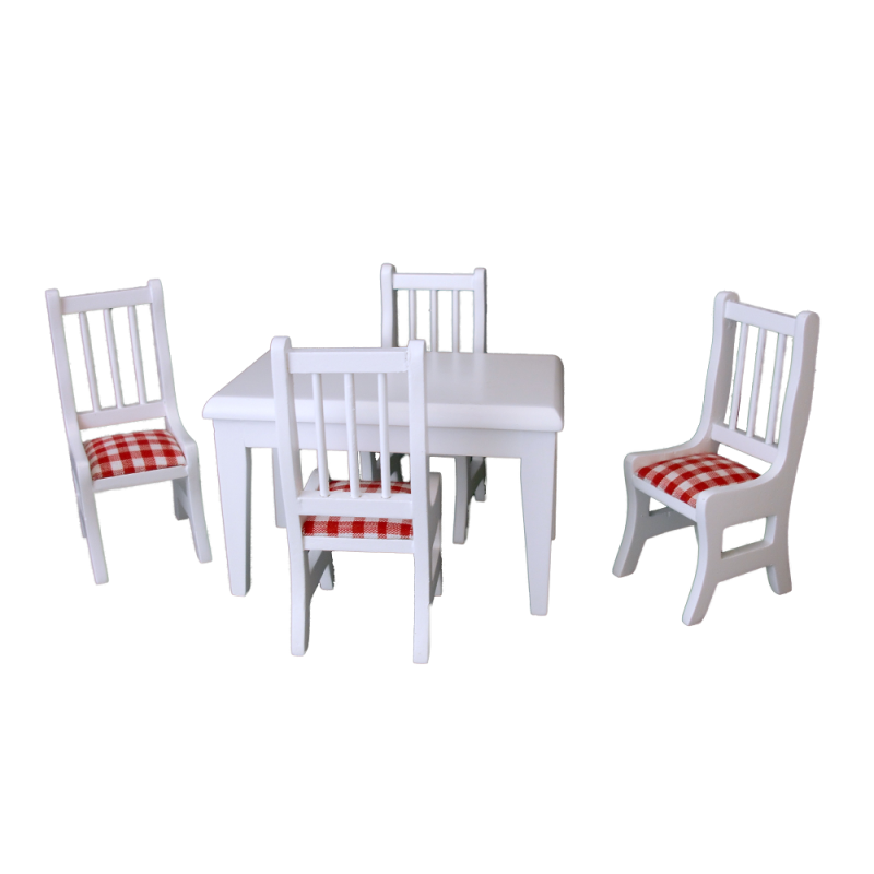 Dolls House White & Red Gingham Table & Chairs Kitchen Dining Room Furniture Set