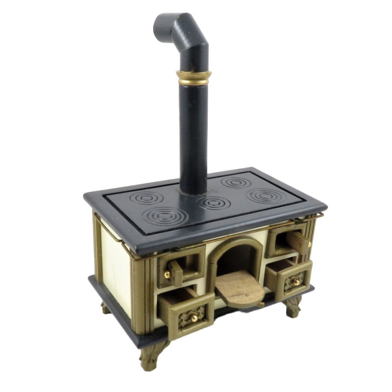 Dolls House Old Fashioned Grey & Gold Cooker Stove Miniature Kitchen Furniture