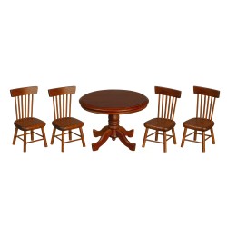 Dolls House Walnut Round Table & Chairs Miniature Dining Room Furniture Set