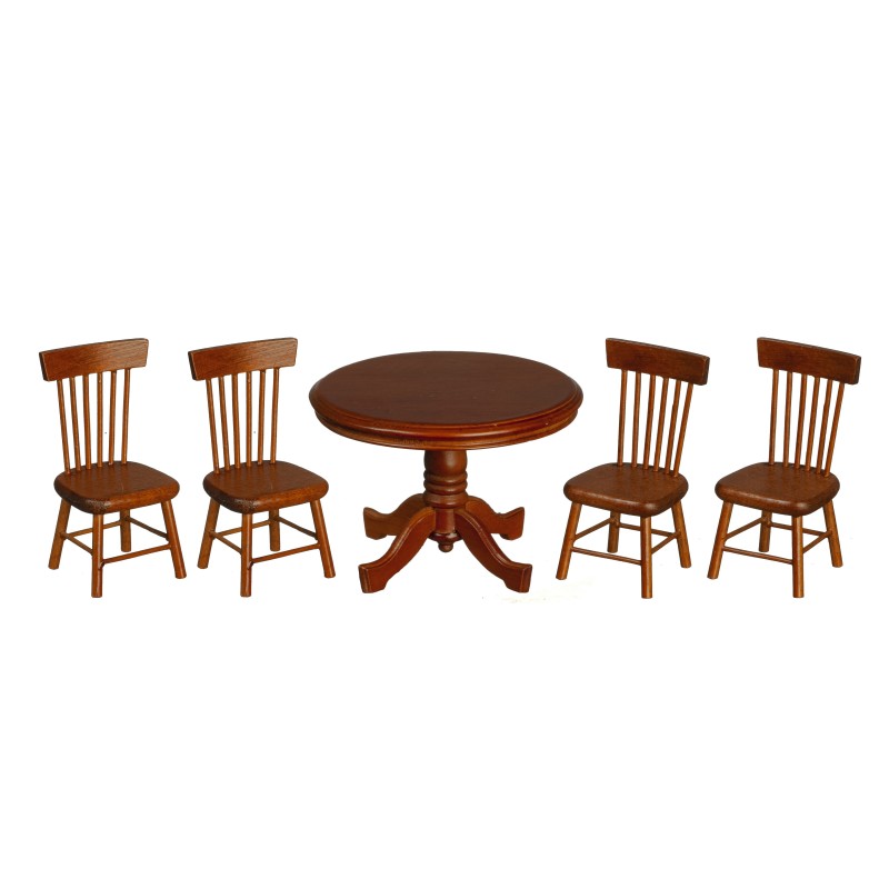 Dolls House Walnut Round Table & Chairs Miniature Dining Room Furniture Set