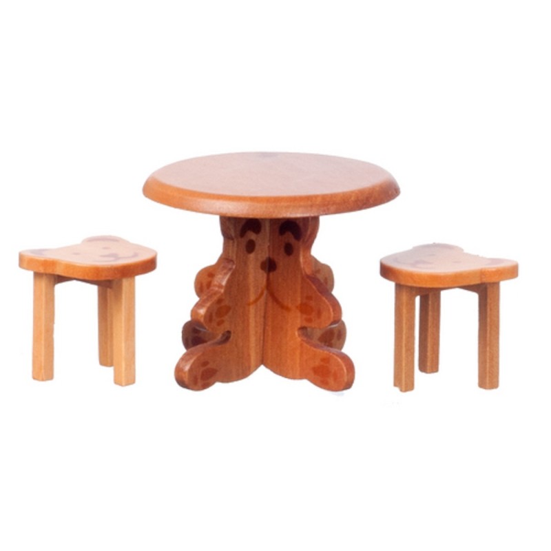 Dolls House Teddy Bear Table & Stools Walnut Miniature School Nursery Furniture