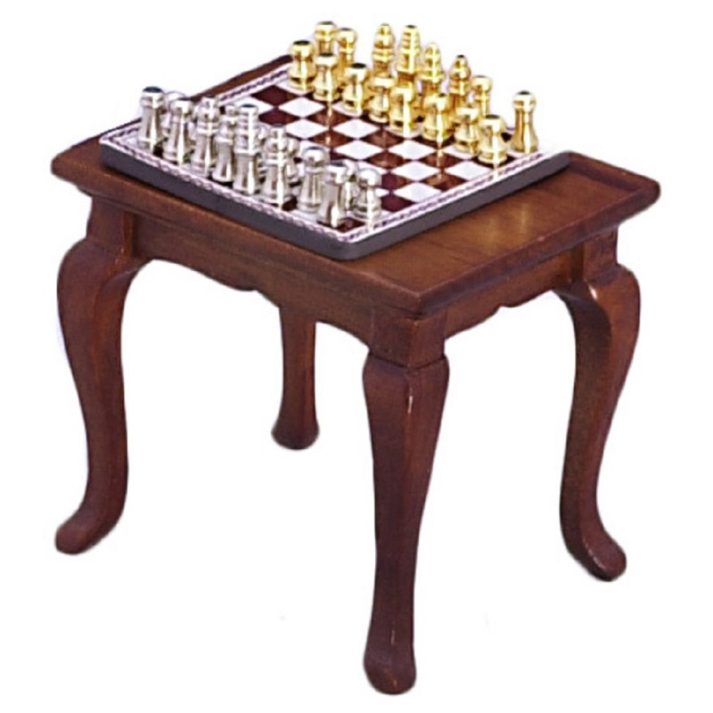 Dolls House Walnut Table with Chess Set Miniature Study Pub Furniture 1:12 Scale