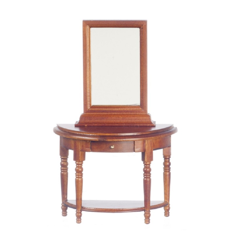 Dolls House Half Moon Walnut Wood Demi Table & Mirror Miniature Hall Furniture