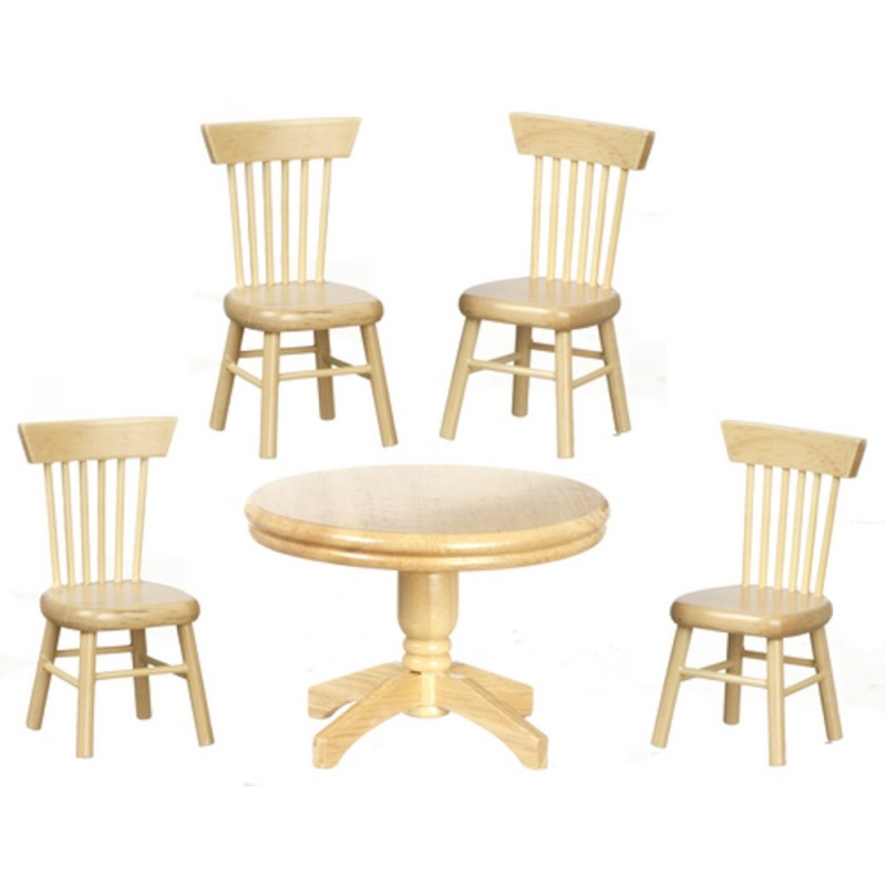 Dolls House Light Oak Round Table & Chairs Miniature Dining Room Furniture Set