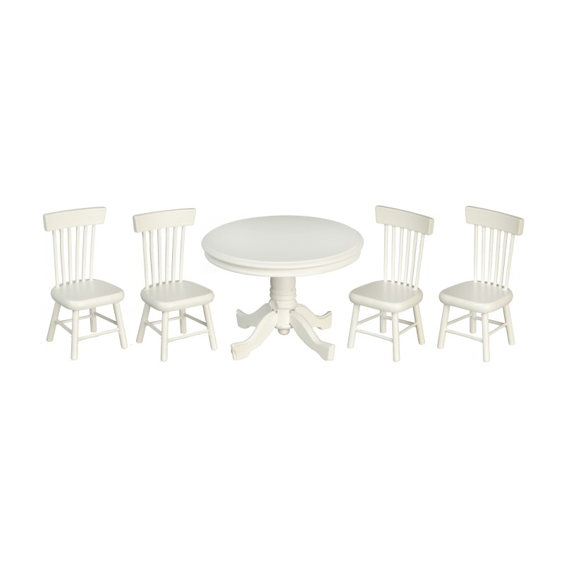 Dolls House White Round Table & Chairs Miniature Dining Room Furniture Set