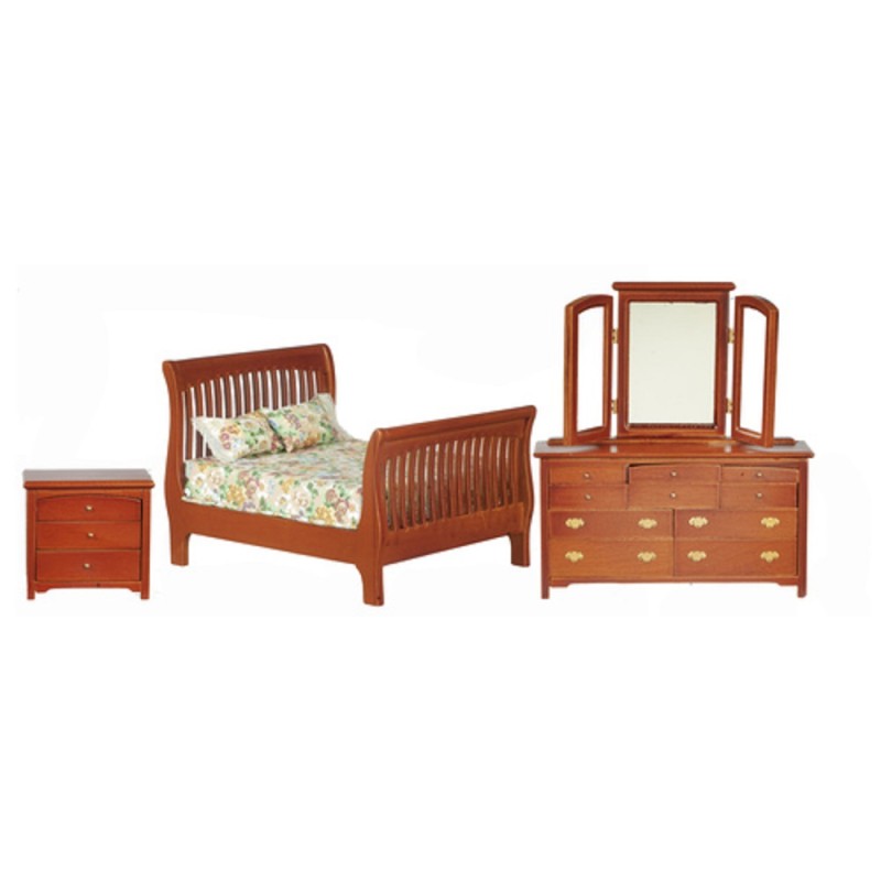 Dolls House Walnut Double Bedroom Furniture Set with Slatted Sleigh Bed 1:12 