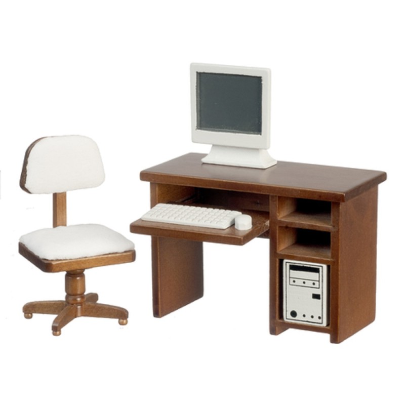 Dolls House Computer Walnut Desk & Chair Miniature Study Office Furniture Set