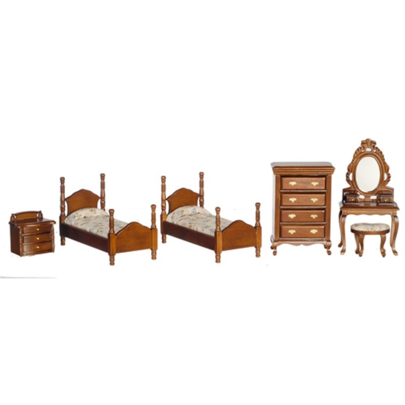 Dolls House Miniature Walnut Twin Beds Bedroom Furniture Set 