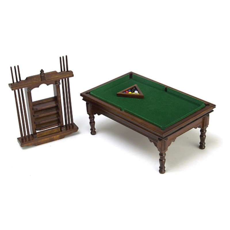 Dolls House Walnut Pool Snooker Table & Cue Stand Set Pub Bar Study Furniture