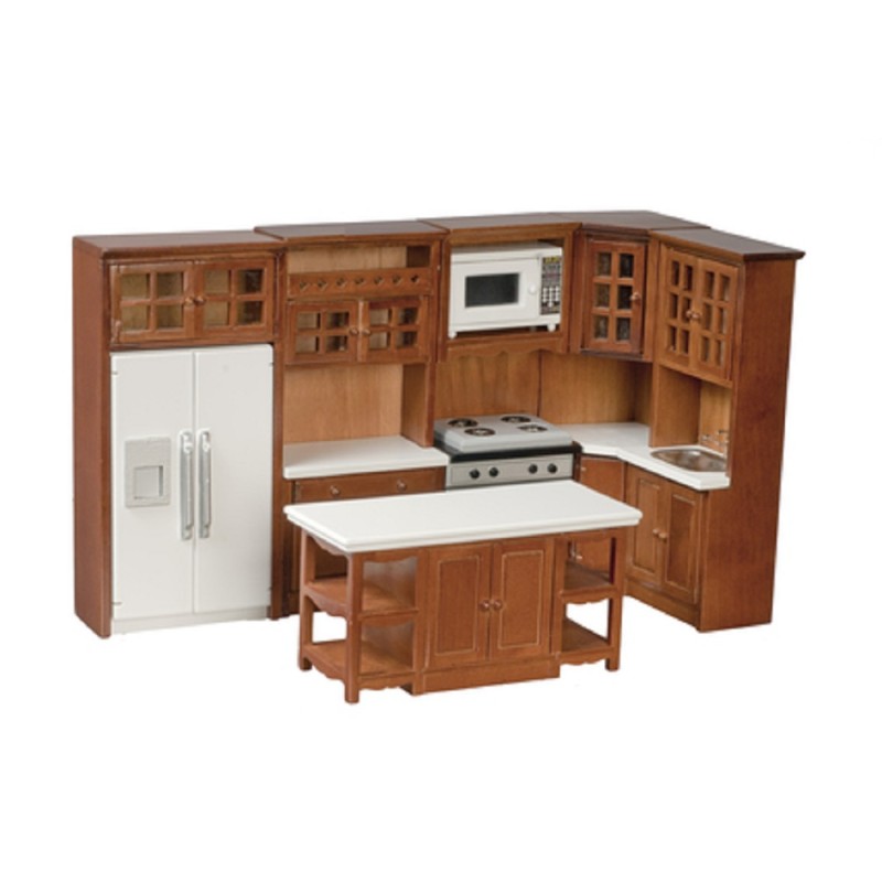 Dolls House Modern Walnut Fitted Kitchen Furniture Set Miniature Wooden 1:12