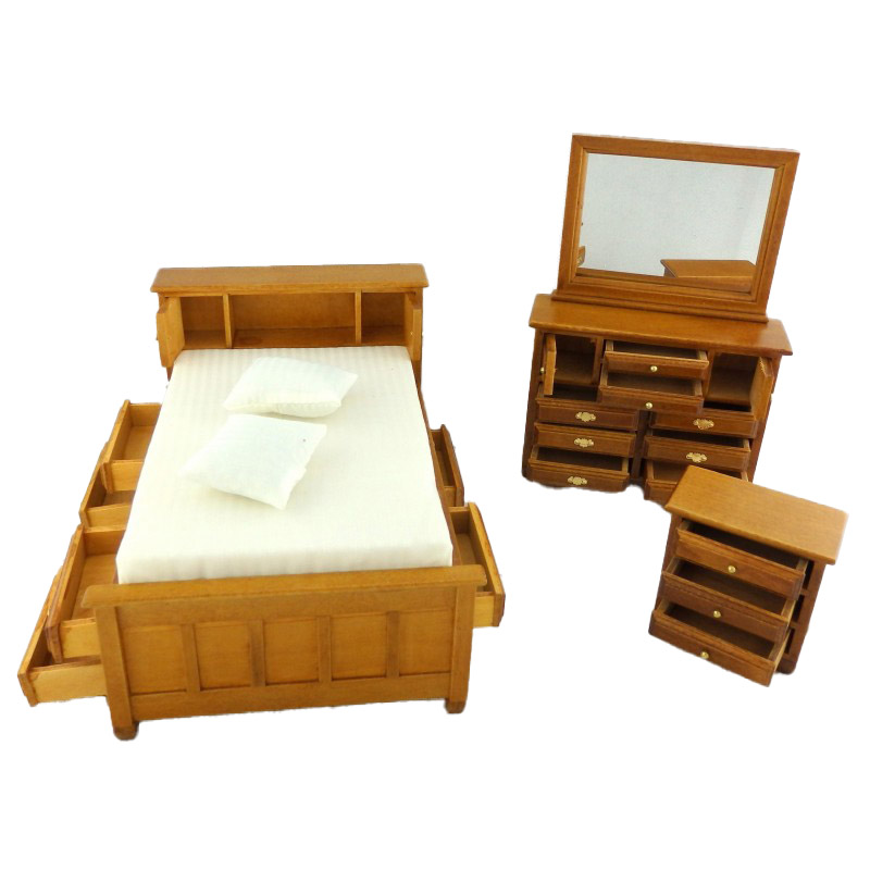 Dolls House Walnut Double Bedroom Furniture Set With Storage Drawers