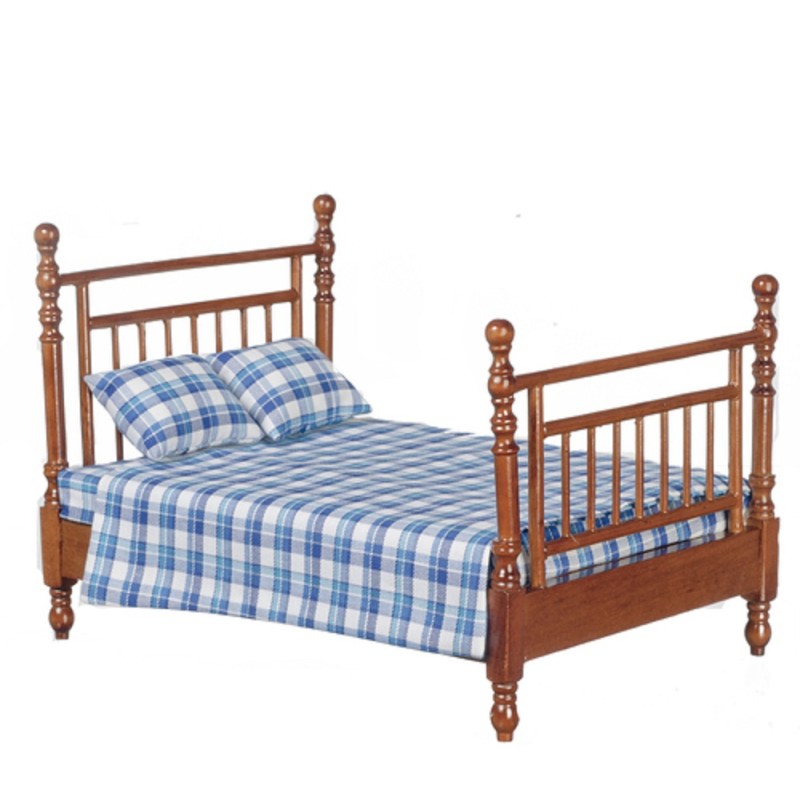 Dolls House Walnut Double Bed Blue Check Bedding Miniature Bedroom Furniture