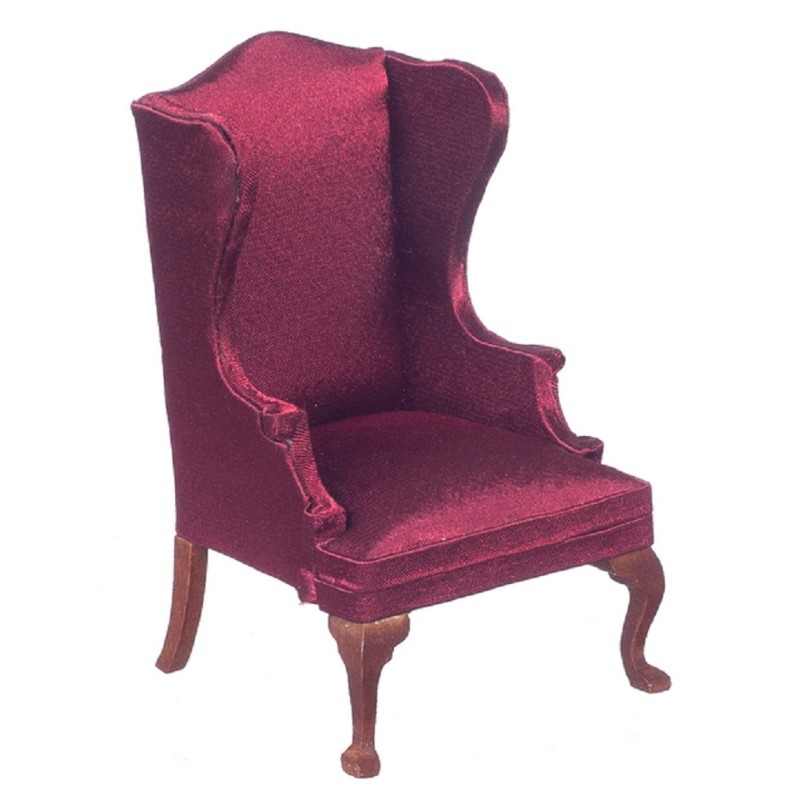 Dolls House Burgundy & Walnut Wingback Fireside Armchair Living Room Furniture