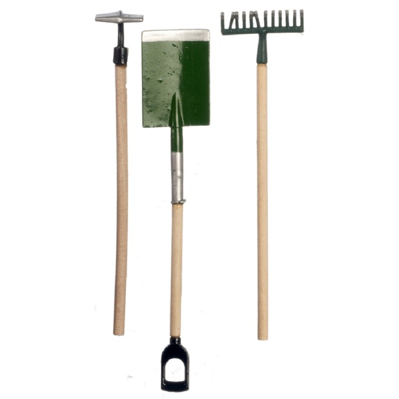 Dolls House Green Tools Spade Rake & Hoe Miniature Garden Accessory