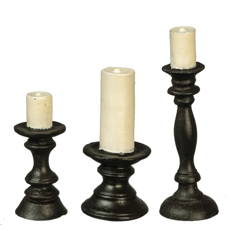 Dolls House 3 Black Wooden Candlesticks Candles Miniature Ornament Accessory