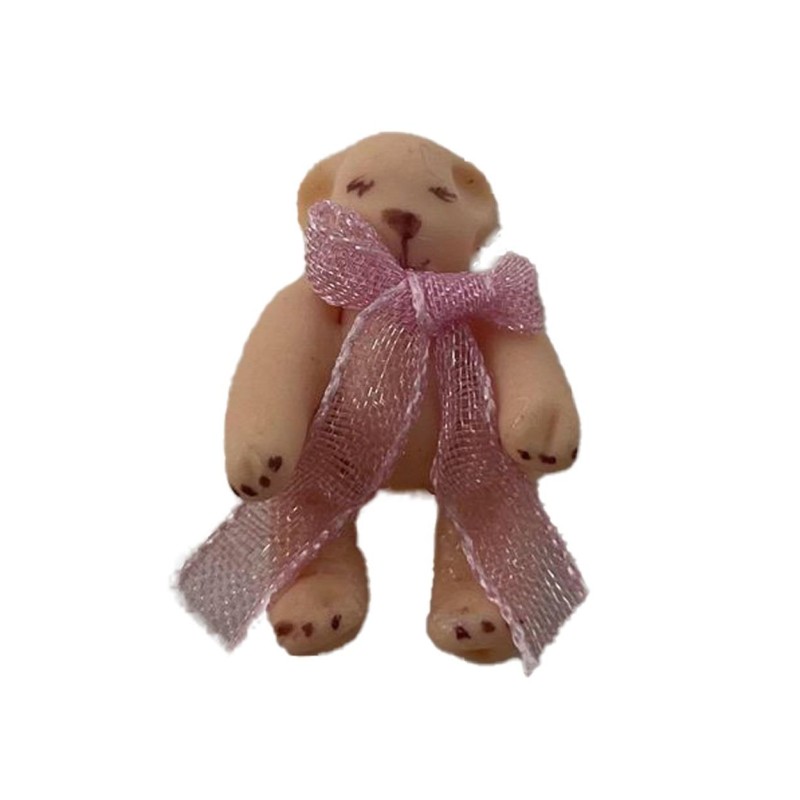 Dolls House Small Teddy with Pink Bow Miniature Nursery Toy Shop Accessory 1:12