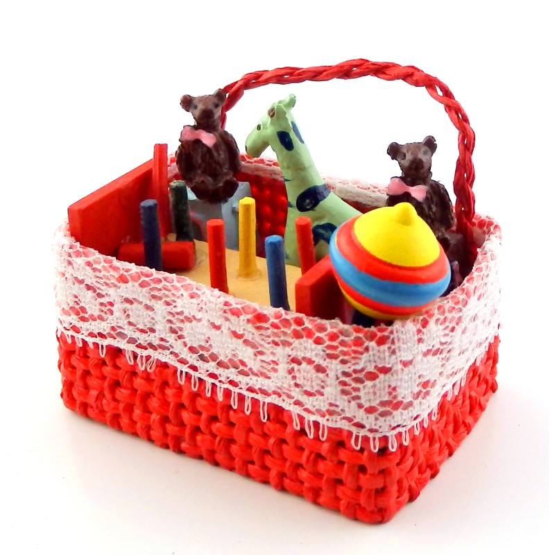 Dolls House Red Basket Full of Toys Miniature Nursery Kids Bedroom Accessory