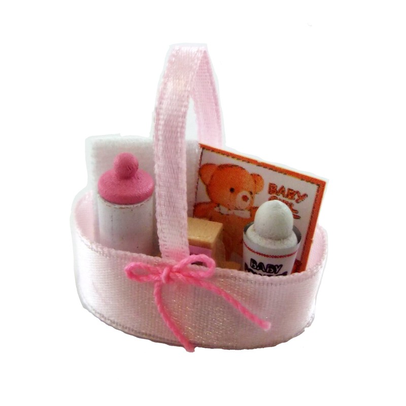 Dolls House Miniature Nursery Accessory Baby Products in Pink Silk Basket