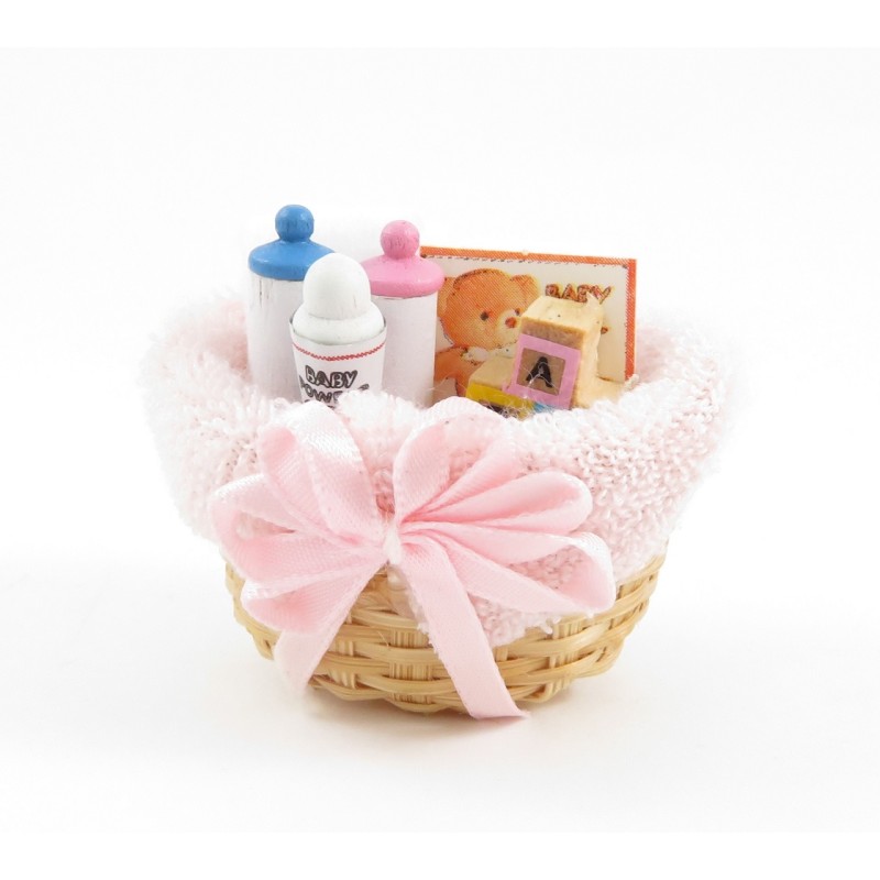 Dolls House Baby Products in Wicker Basket Pink Miniature 1:12 Nursery Accessory
