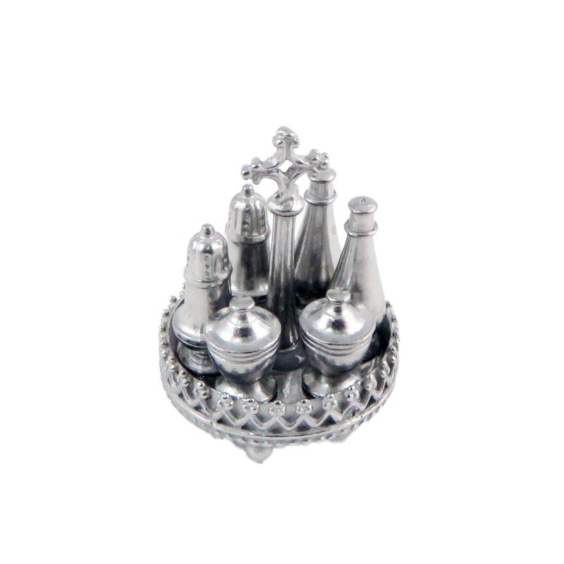 Dolls House 7 Piece Silver Cruet Set Metal Tableware Dining Room Accessory