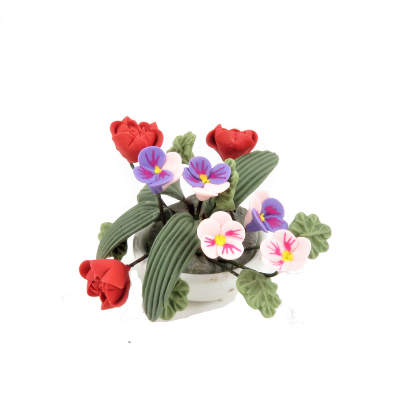 Dolls House Flower Display in Round Bowl Red Pink Table Centre Accessory 