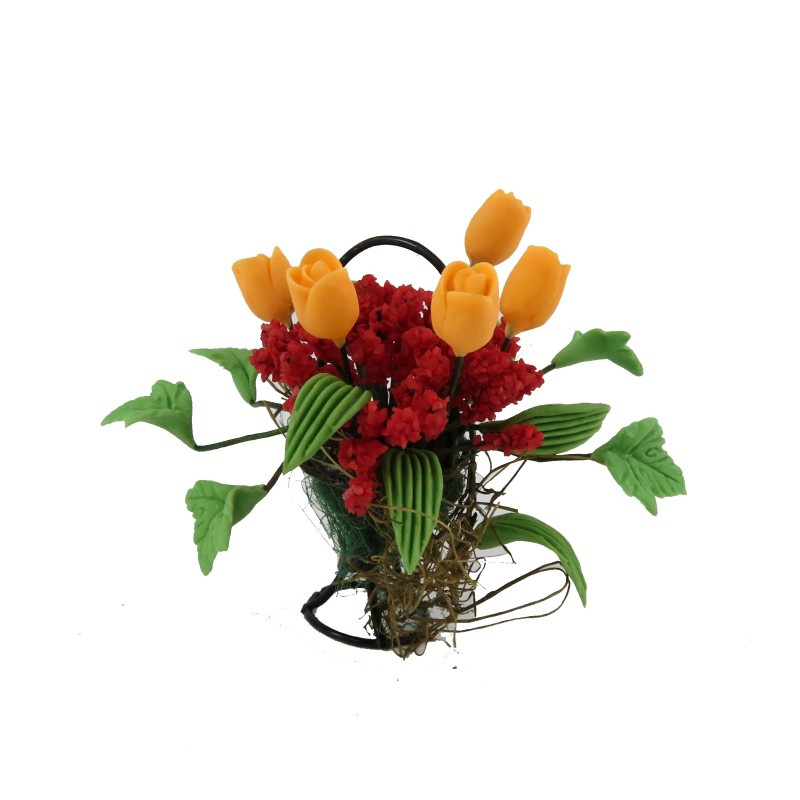 Dolls House Apricot & Red Flower Display in Black Wire Basket Garden Accessory