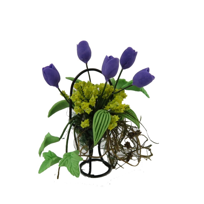 Dolls House Purple & Green Flower Display in Black Wire Basket Garden Accessory