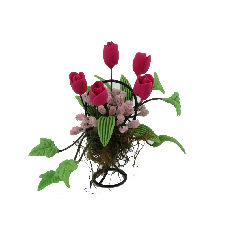 Dolls House Deep Pink Flower Display in Black Wire Basket Garden Accessory