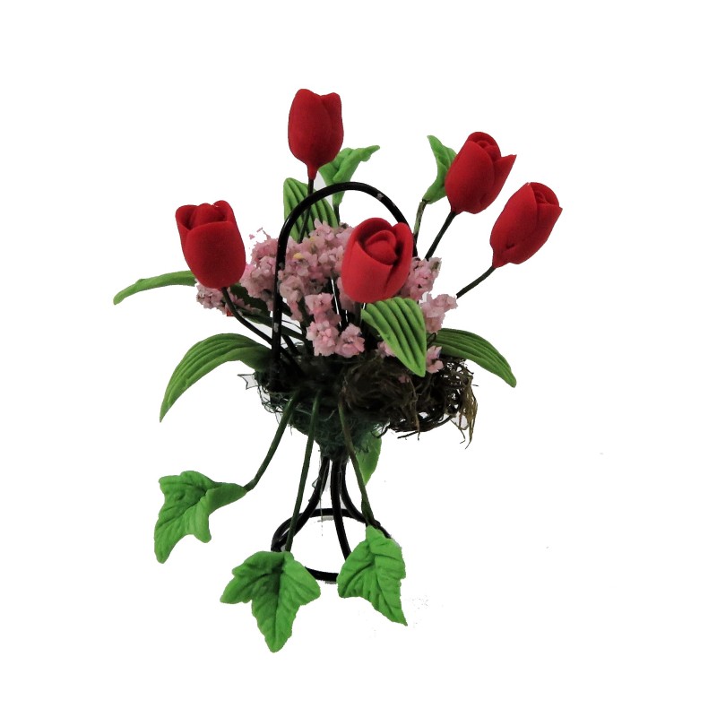 Dolls House Red & Pink Flower Display in Black Wire Basket Garden Accessory