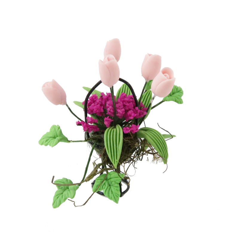 Dolls House Pink & Pink Flower Display in Black Wire Basket Garden Accessory Dolls House Pink & Pink Flower Display in Black Wire Basket Garden Accessory