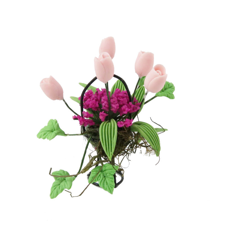 Dolls House Pink & Pink Flower Display in Black Wire Basket Garden Accessory