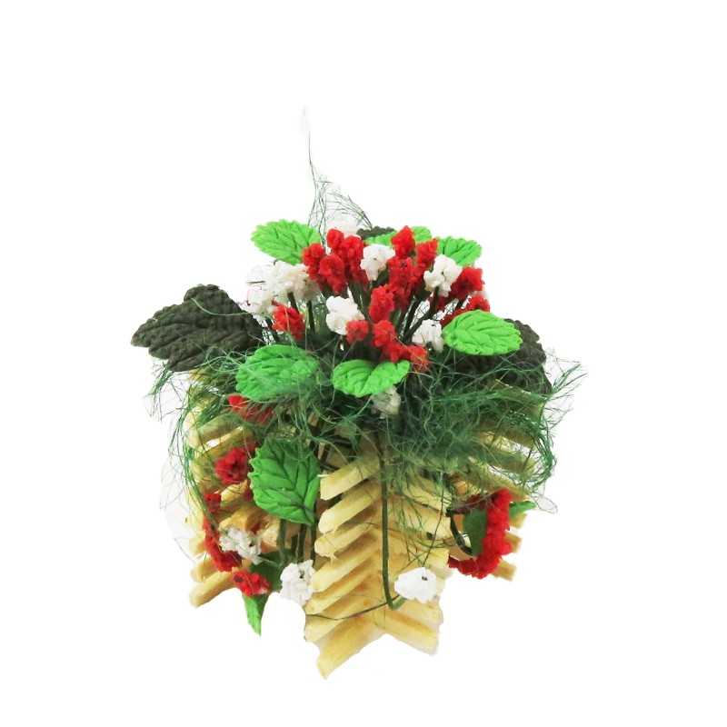 Dolls House Red Flowers & Foliage in Light Wood Planter Mini Garden Accessory Dolls House Red Flowers & Foliage in Light Wood Planter Mini Garden Accessory
