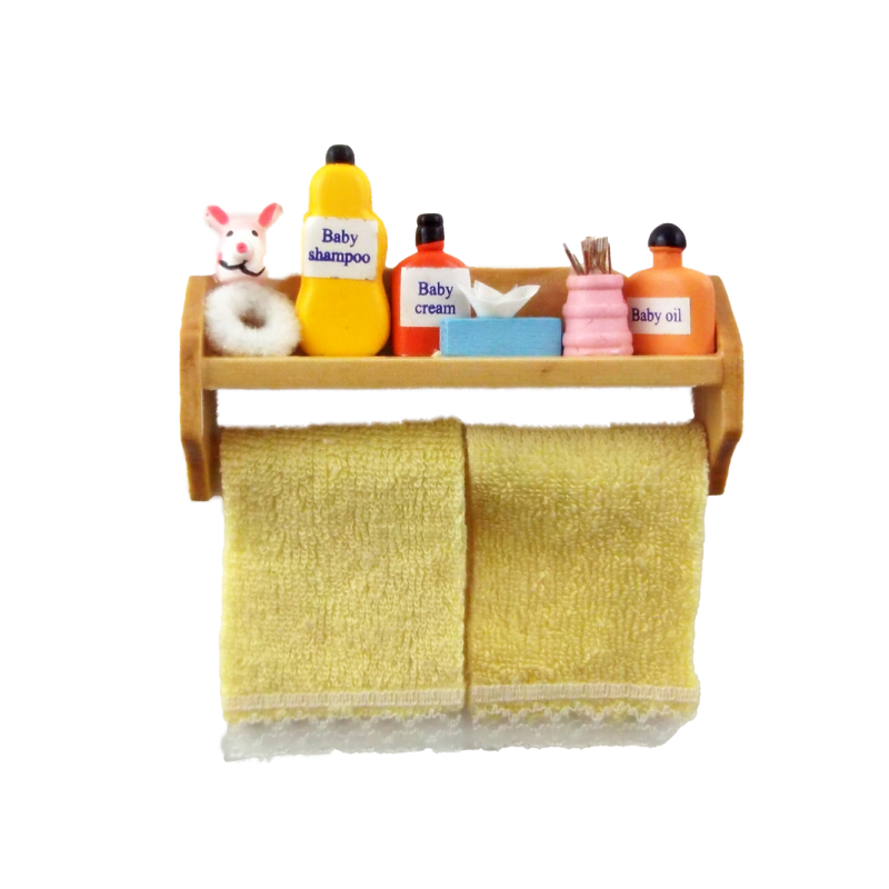 Dolls House Yellow Toiletries & Towels on Shelf Miniature Bathroom Accessory
