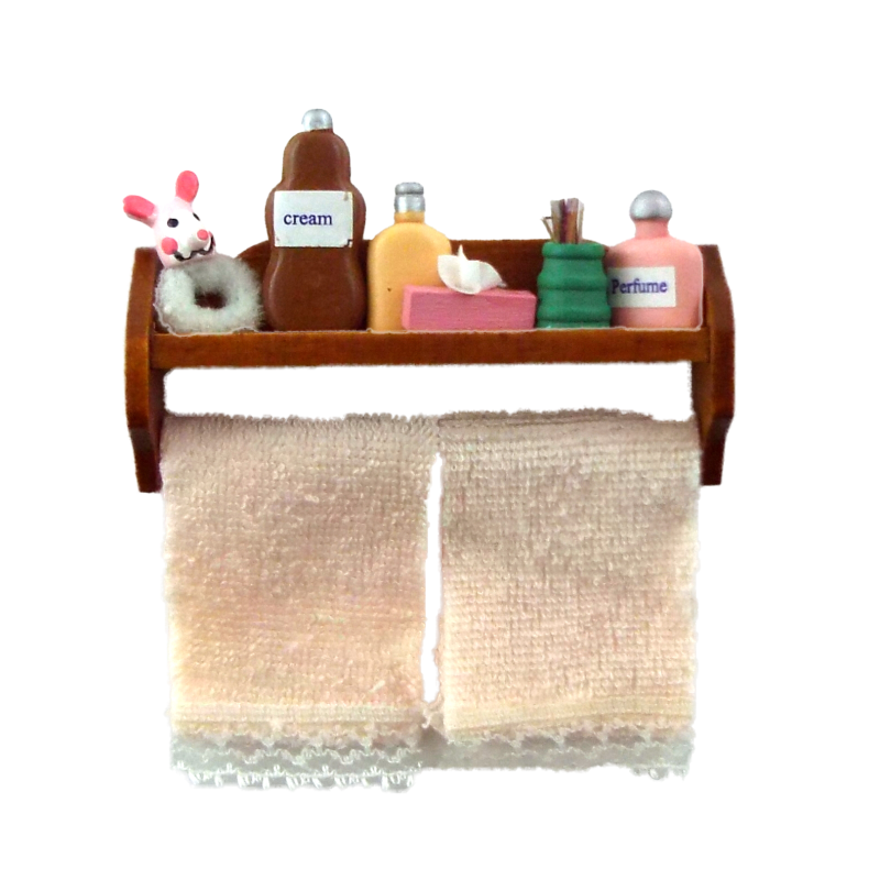 Dolls House Pink Toiletries & Towels on Shelf Miniature Bathroom Accessory