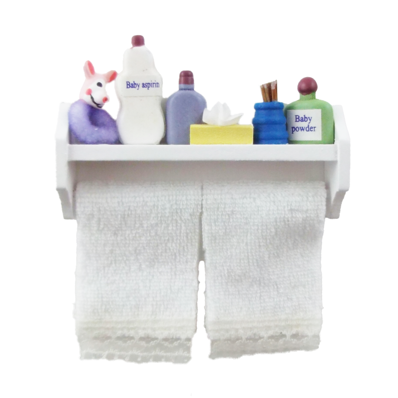 Dolls House Baby Toiletries & White Towels on Shelf Miniature Bathroom Accessory