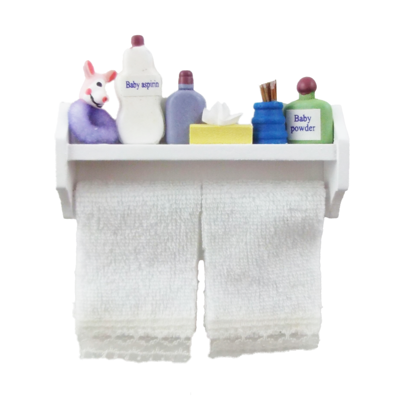 Dolls House Baby Toiletries & White Towels on Shelf Miniature Bathroom Accessory Dolls House Baby Toiletries & White Towels on Shelf Miniature Bathroom Accessory