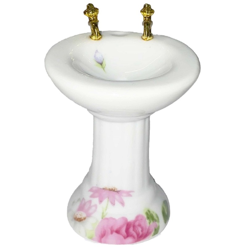 Dolls House White & Gold Floral Sink Porcelain Miniature Bathroom Furniture
