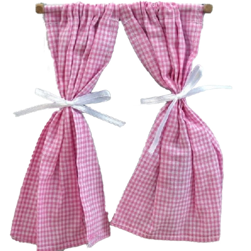 Dolls House Pink Gingham Curtains on Rail Tied Back Miniature 1:12 Accessory