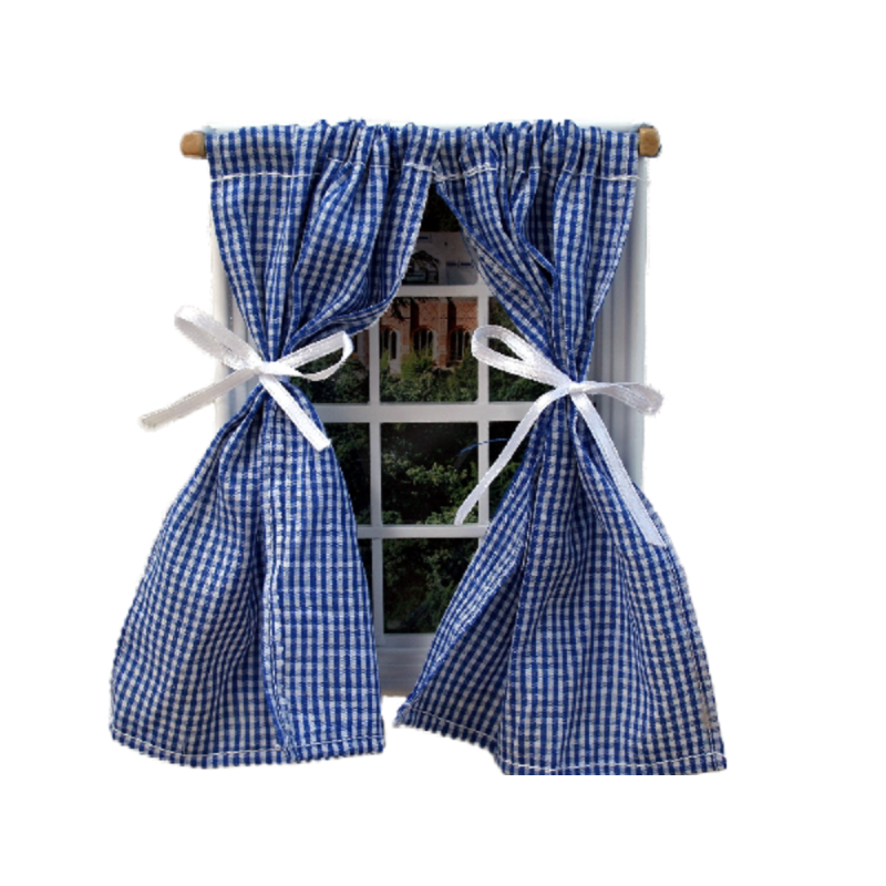 Dolls House Blue Gingham Curtains on Rail Tied Back Miniature 1:12 Accessory