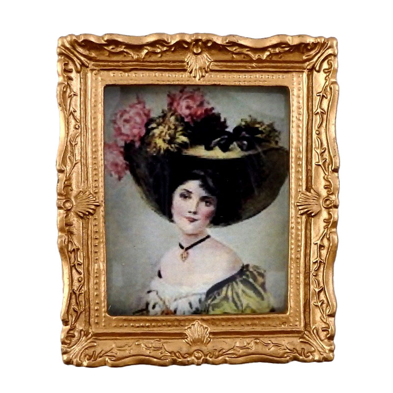 Dolls House Miniature Lady In Hat Picture In Ornate Golden Frame Wall Decor 