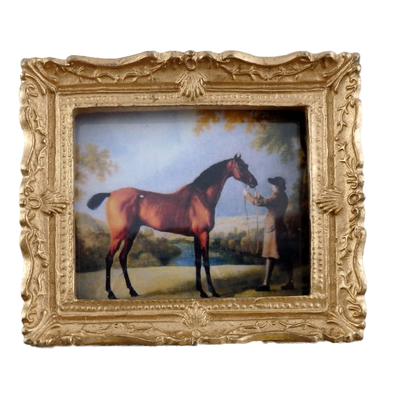 Dolls House Miniature Horse & Trainer Picture Painting Gold Frame