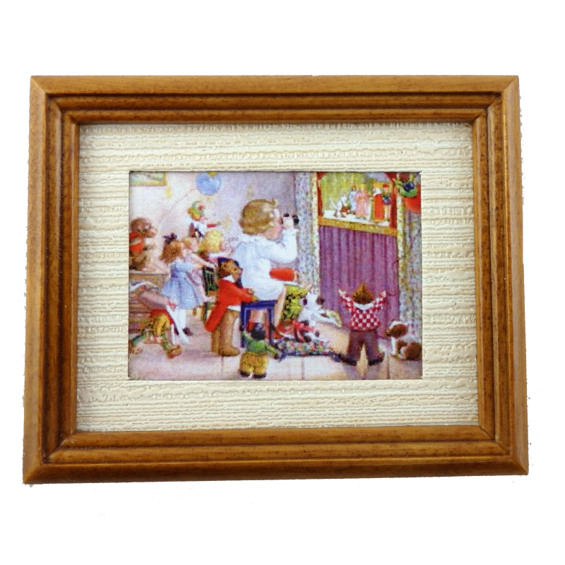 Dolls House Miniature Puppet Show Picture Painting in Walnut Frame