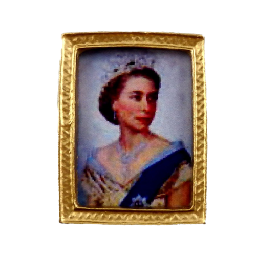 Melody Jane Dolls House Queen Elizabeth II in Crown Miniature Portrait Picture Gold Frame