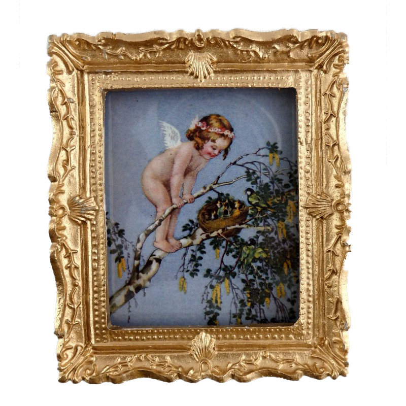 Dolls House Miniature Cherub & Birds Nest Painting Gold Frame