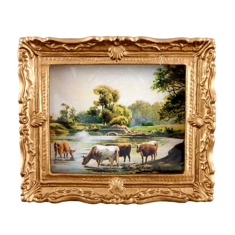 Dolls House Miniature Grazing Cattle Scene Painting Gold Frame