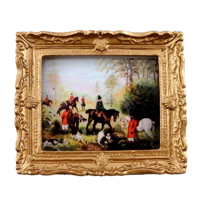 Dolls House The Hunt Scene Painting Gold Frame Miniature Picture Accessory 